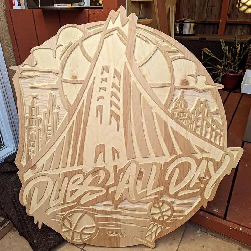 Dubs All Day relief panel carved in maple